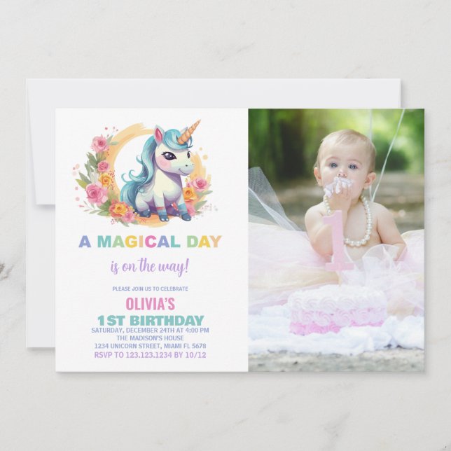 Invitaciones de cumpleaños de Unicornio florales c (Anverso)
