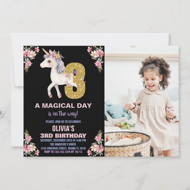 Invitaciones de cumpleaños de Unicornio florales c (Anverso)