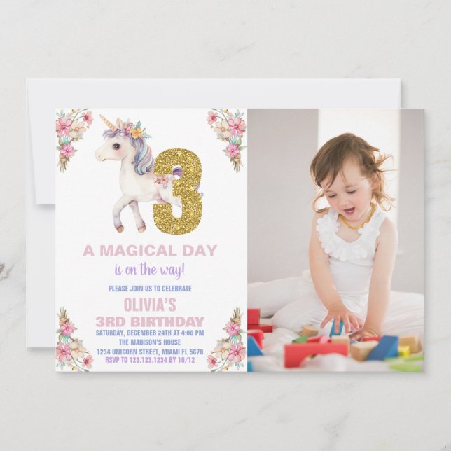 Invitaciones de cumpleaños de Unicornio florales c (Anverso)