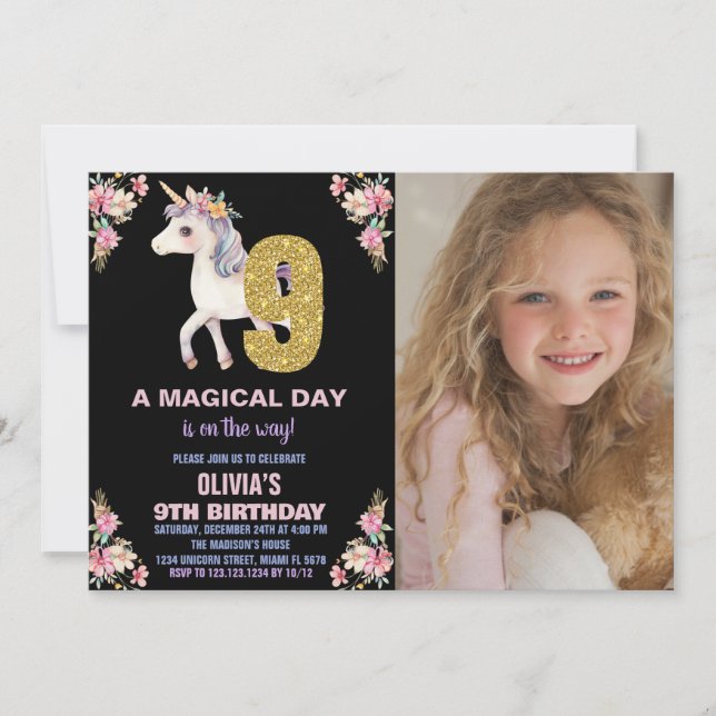 Invitaciones de cumpleaños de Unicornio florales c (Anverso)