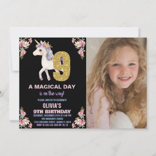 Invitaciones de cumpleaños de Unicornio florales c