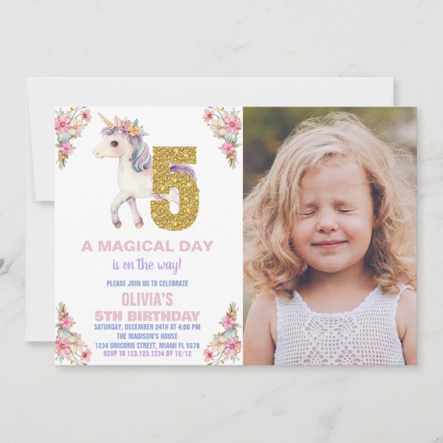 Invitaciones de cumpleaños de Unicornio florales c (Anverso)