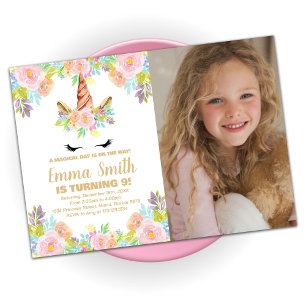 Invitaciones de cumpleaños de Unicornio florales c