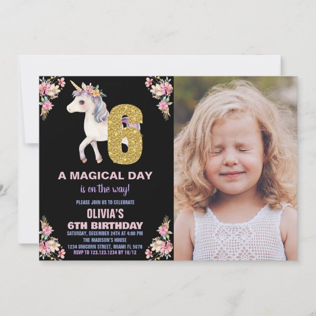 Invitaciones de cumpleaños de Unicornio florales c (Anverso)