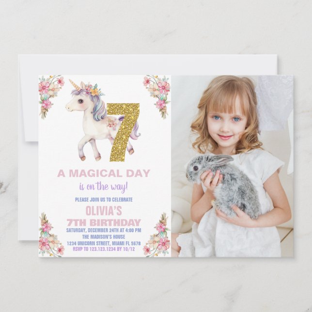 Invitaciones de cumpleaños de Unicornio florales c (Anverso)