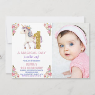 Invitaciones de cumpleaños de Unicornio florales c
