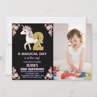 Invitaciones de cumpleaños de Unicornio florales c