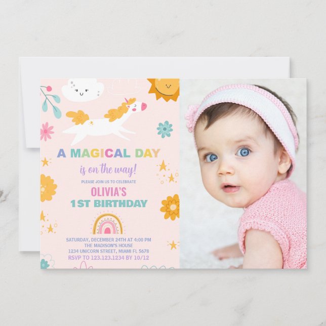 Invitaciones de cumpleaños de Unicornio florales c (Anverso)