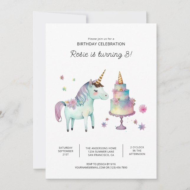 Invitaciones de cumpleaños de unicornio imprimible (Anverso)