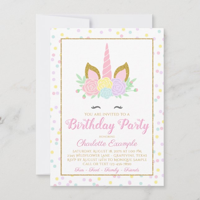 Invitaciones de cumpleaños de unicornio lindo (Anverso)