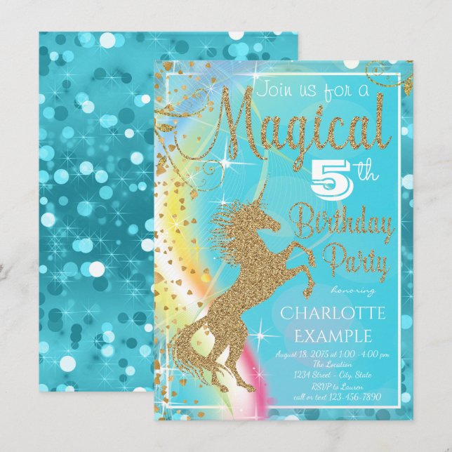 Invitaciones de cumpleaños de Unicornio Mágico (Anverso / Reverso)