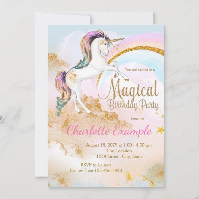 Invitaciones de cumpleaños de Unicornio Mágico (Anverso)
