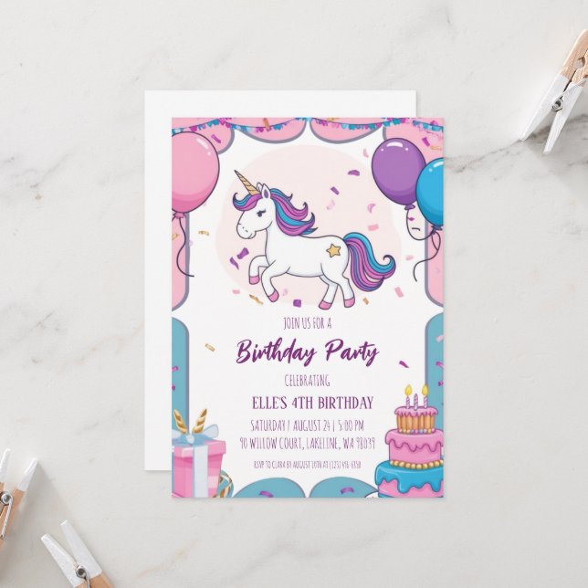 invitaciones de cumpleaños de unicornio morado lin (Anverso/Reverso In Situ)