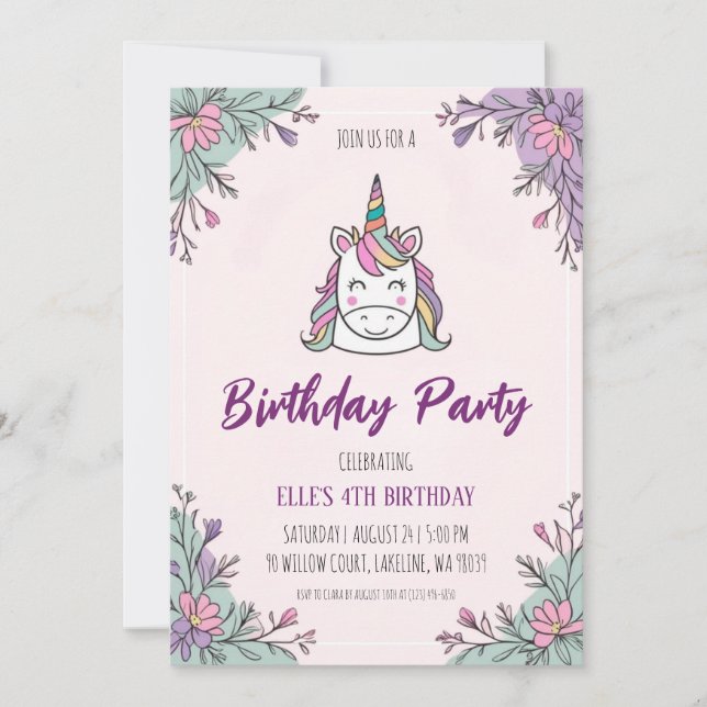 invitaciones de cumpleaños de unicornio morado lin (Anverso)