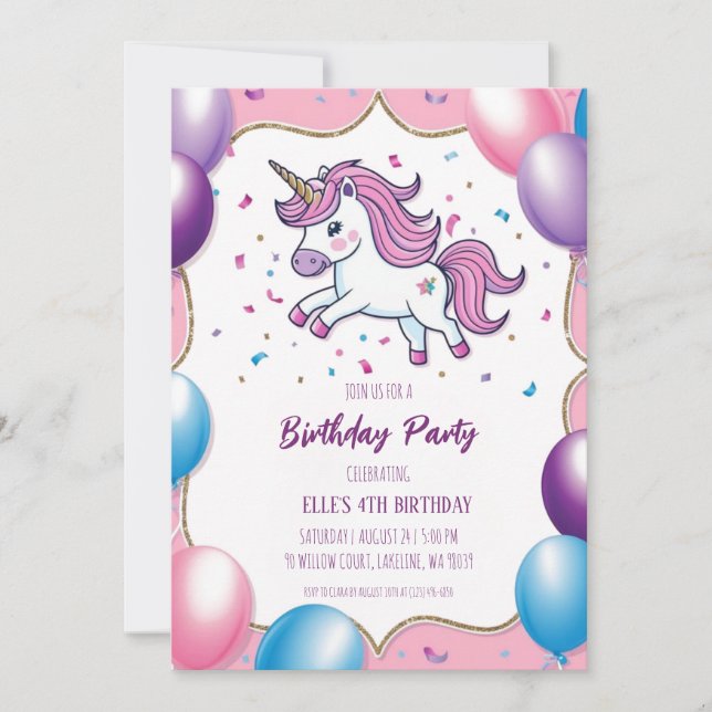 invitaciones de cumpleaños de unicornio morado lin (Anverso)