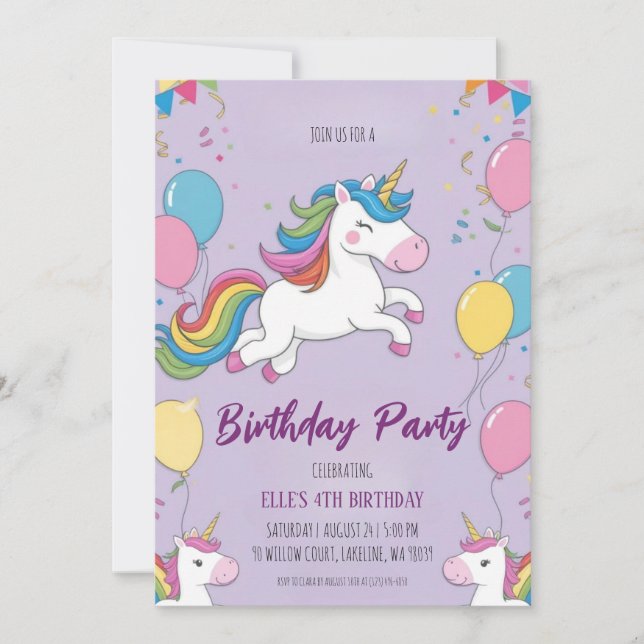 invitaciones de cumpleaños de unicornio morado lin (Anverso)