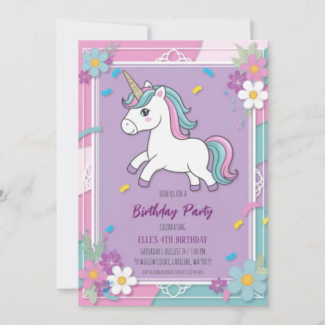 invitaciones de cumpleaños de unicornio morado lin (Anverso)