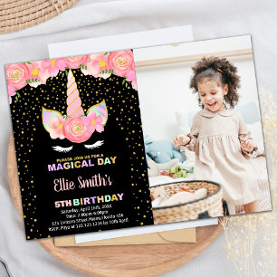 Invitaciones de cumpleaños de Unicornio negro con 