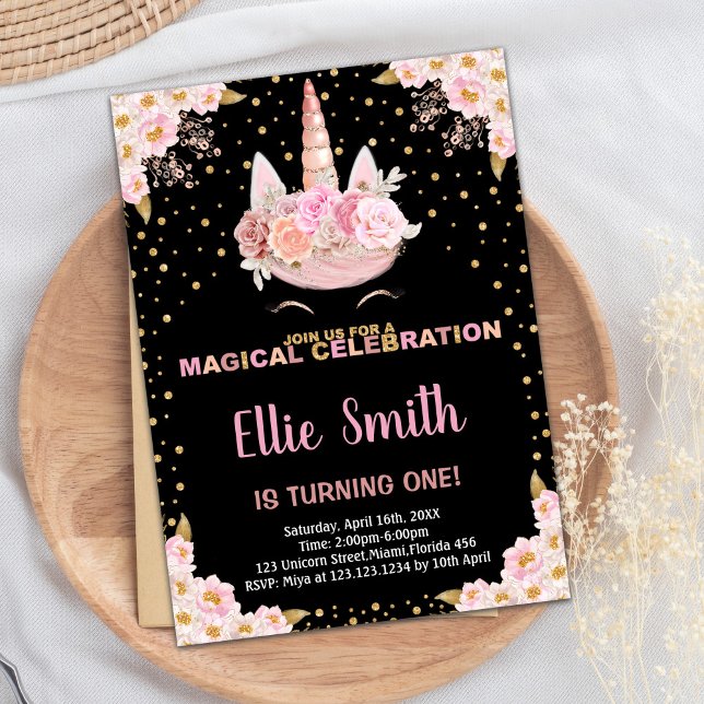 Invitaciones de cumpleaños de Unicornio negro con  (Pink Floral Black Unicorn Birthday Invitations)