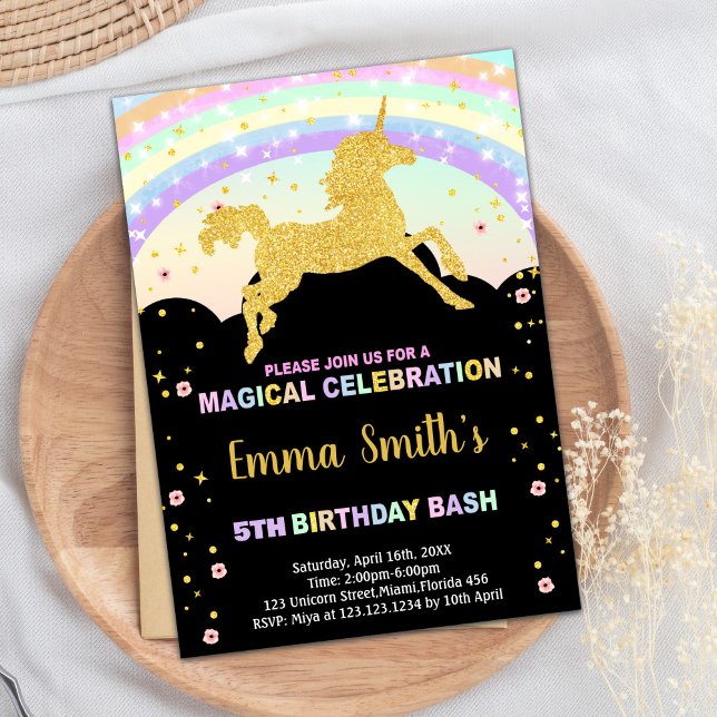 Invitaciones de cumpleaños de Unicornio negro con  (Rainbow Black Unicorn Birthday Invitations)