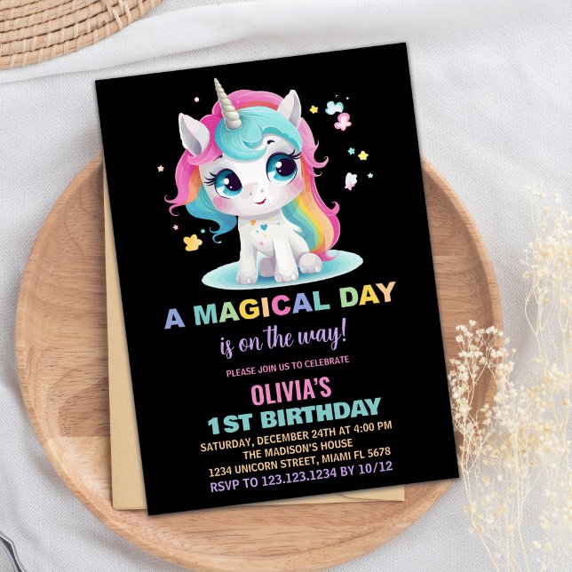 Invitaciones de cumpleaños de Unicornio negro con  (Rainbow Black Unicorn Birthday Invitations)