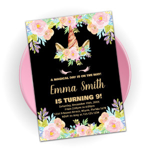 Invitaciones de cumpleaños de Unicornio negro flor