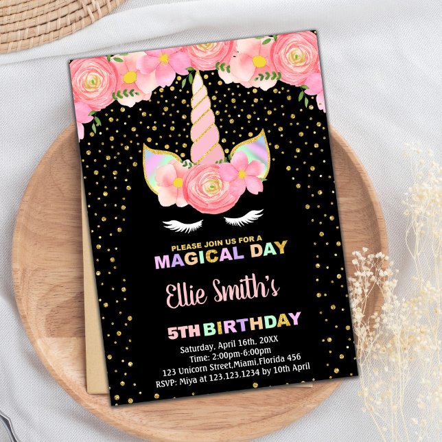 Invitaciones de cumpleaños de Unicornio negro flor (Floral Black Unicorn Birthday Invitations)