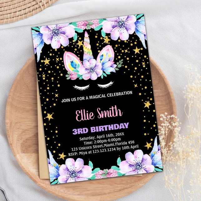 Invitaciones de cumpleaños de Unicornio negro mora (Floral Purple Black Unicorn Birthday Invitations)
