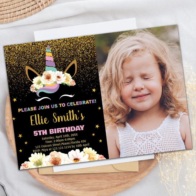 Invitaciones de cumpleaños de Unicornio negro purp (Glitter Black Unicorn Birthday Invitations w photo)
