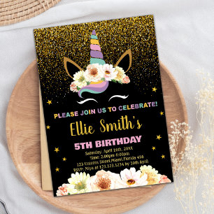 Invitaciones de cumpleaños de Unicornio negro purp