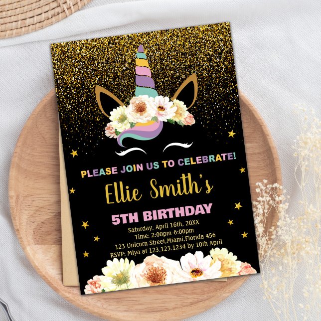 Invitaciones de cumpleaños de Unicornio negro purp (Glitter Black Unicorn Birthday Invitations)