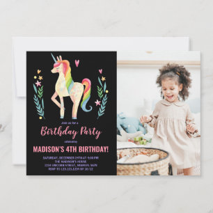Invitaciones de cumpleaños de Unicornio negro rosa