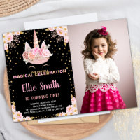 Invitaciones de cumpleaños de Unicornio negro rosa
