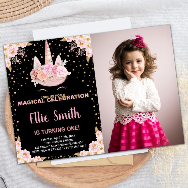 Invitaciones de cumpleaños de Unicornio negro rosa (Photo Pink Black Unicorn Birthday Invitations)