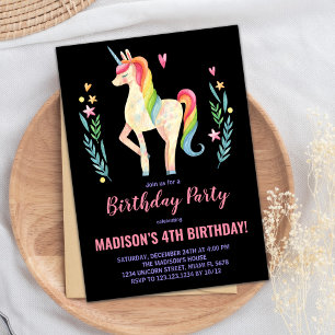 Invitaciones de cumpleaños de Unicornio negro rosa
