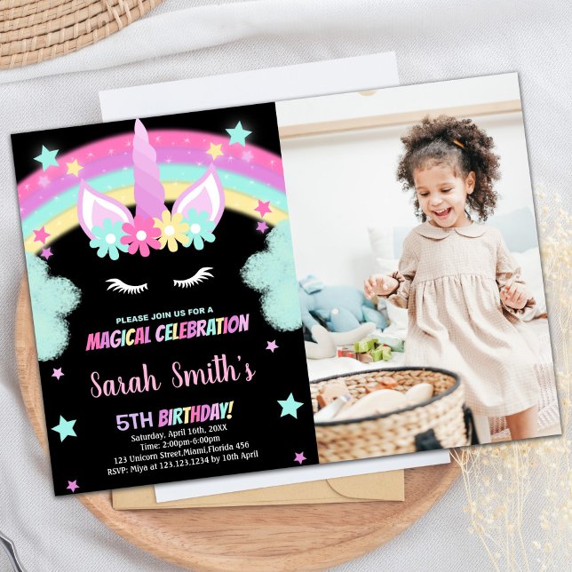 Invitaciones de cumpleaños de Unicornio negro verd (Green Black Unicorn Birthday Invitations w photo)