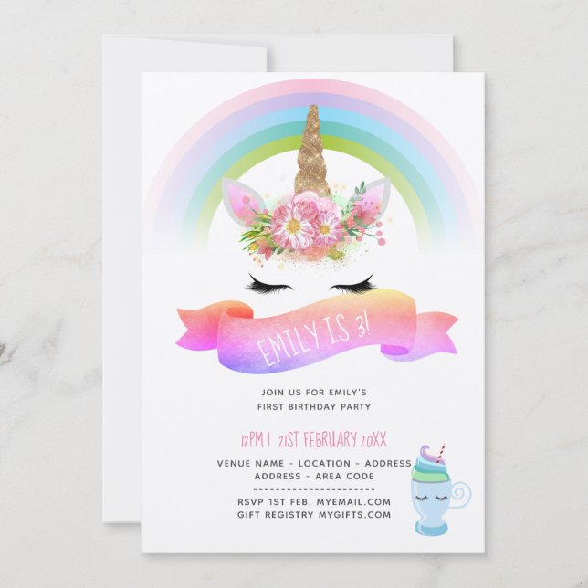 Invitaciones de cumpleaños de unicornio para chica (Anverso)
