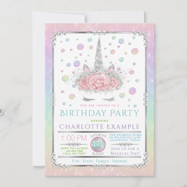 Invitaciones de cumpleaños de unicornio para niñas (Anverso)