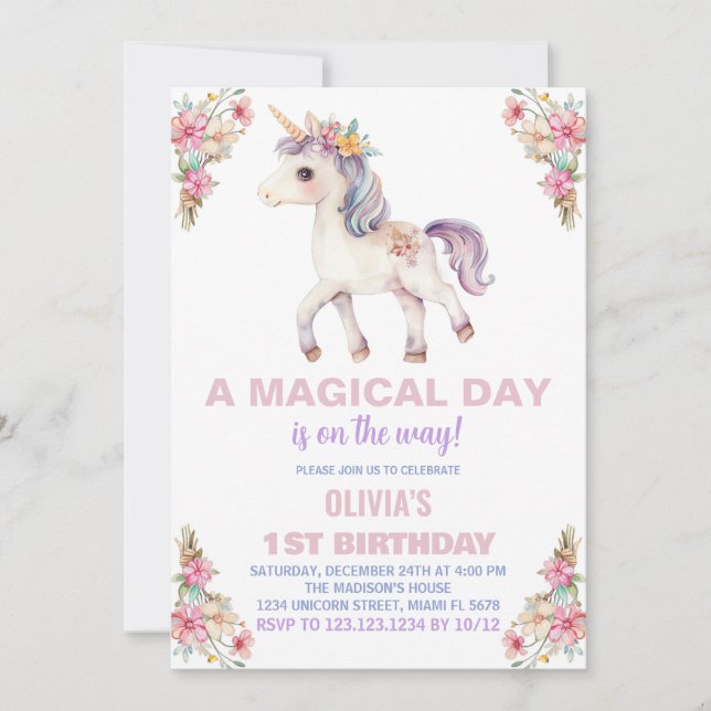 Invitaciones de cumpleaños de Unicornio por un día (Anverso)