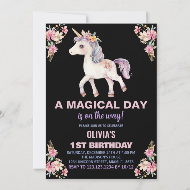 Invitaciones de cumpleaños de Unicornio por un día (Anverso)