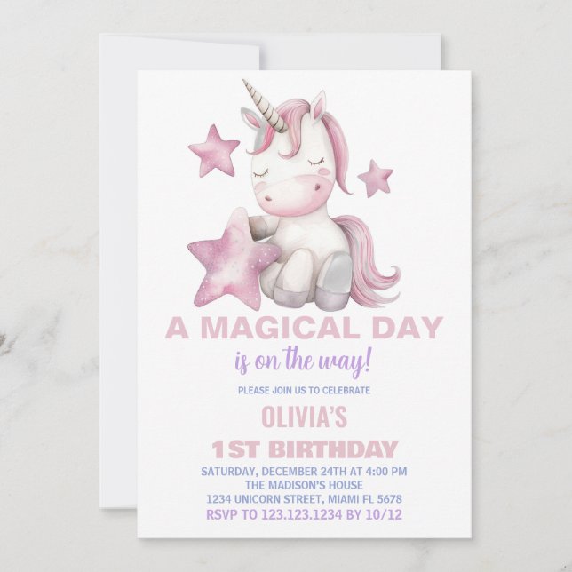 Invitaciones de cumpleaños de Unicornio por un día (Anverso)