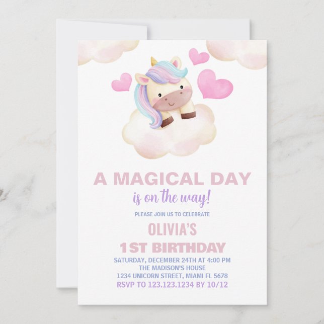 Invitaciones de cumpleaños de Unicornio por un día (Anverso)