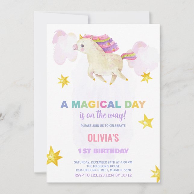 Invitaciones de cumpleaños de Unicornio por un día (Anverso)