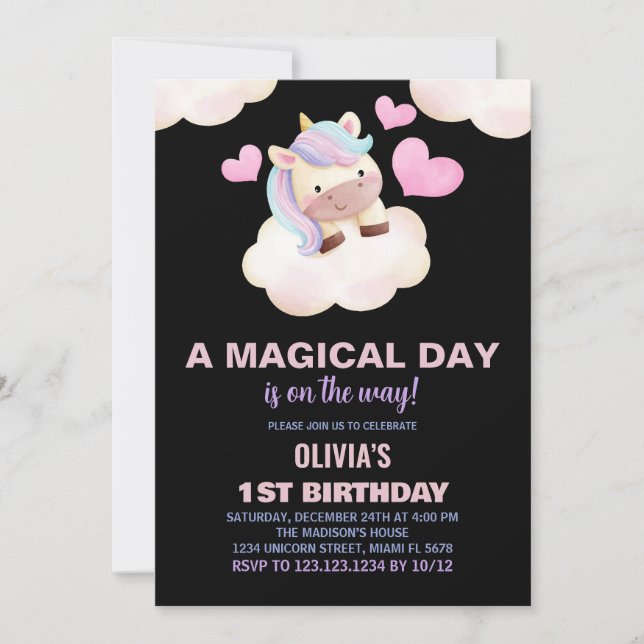 Invitaciones de cumpleaños de Unicornio por un día (Anverso)