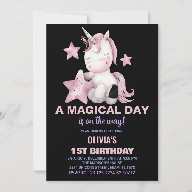 Invitaciones de cumpleaños de Unicornio por un día (Anverso)