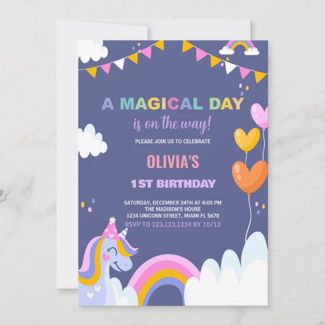 Invitaciones de cumpleaños de Unicornio por un día (Anverso)