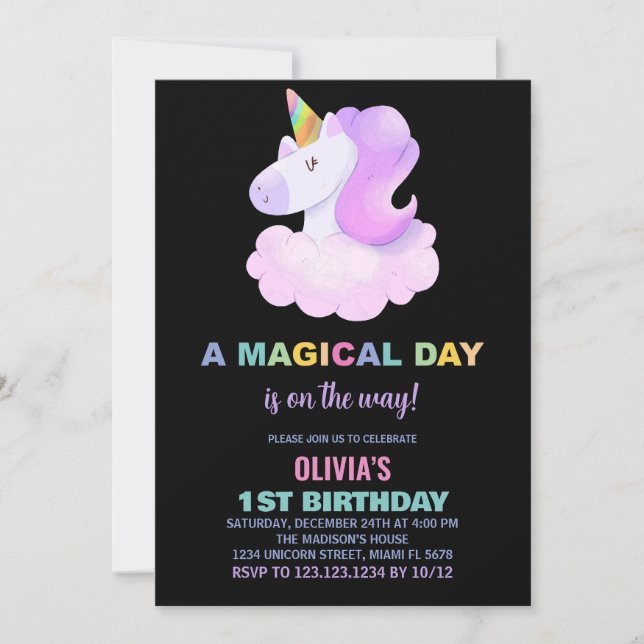 Invitaciones de cumpleaños de Unicornio púrpura (Anverso)