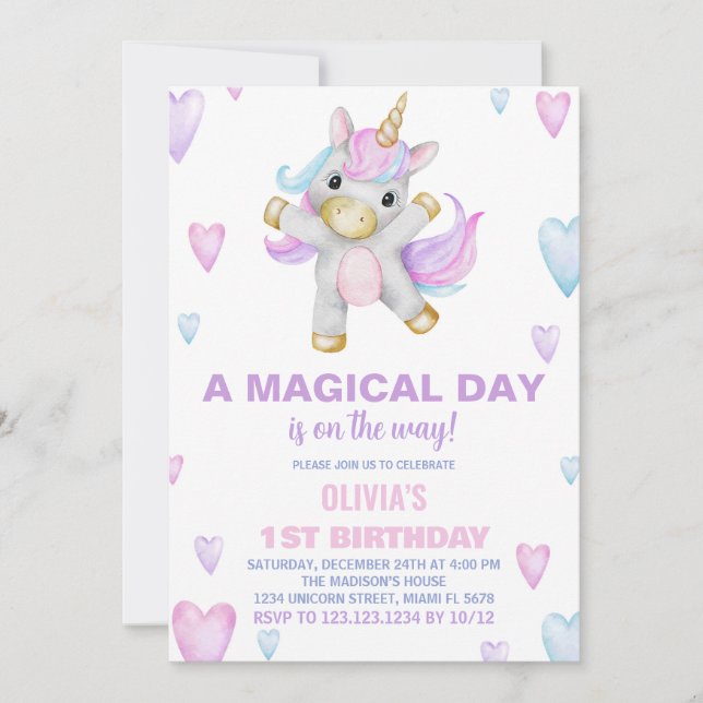 Invitaciones de cumpleaños de Unicornio Púrpura Pi (Anverso)