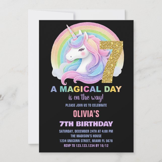 Invitaciones de cumpleaños de Unicornio Purpurina  (Anverso)