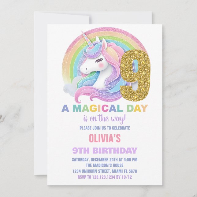 Invitaciones de cumpleaños de Unicornio Purpurina  (Anverso)